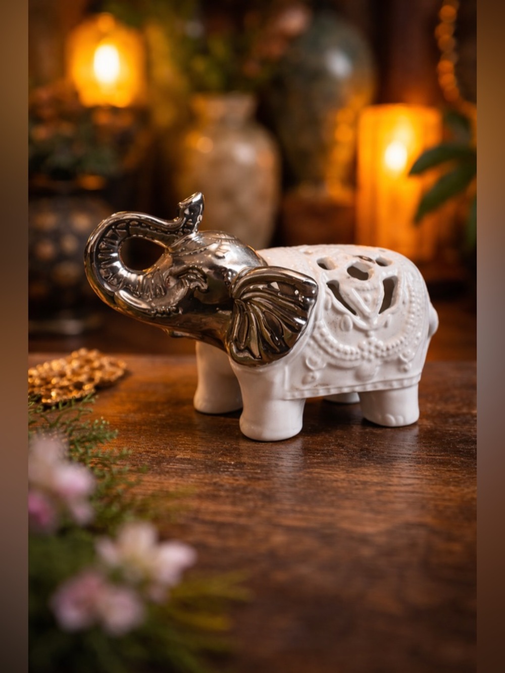 GORGEOUS Large Ceramic Porcelain Elephant Diffuser • Silver Accents • Potpourri